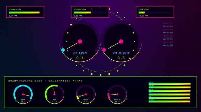 An intricate audio console interface displays vibrant neon gauges that fluctuate in real time during a complex sound monitoring process across three distinct visual monitor panel windows