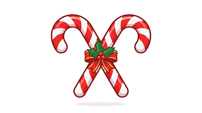 Two classic red and white striped candy canes crossed with a festive red bow and green holly leaves, symbolizing Christmas and holiday cheer.