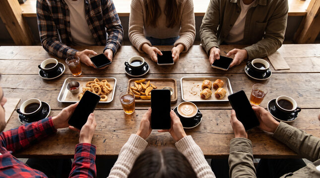 Group of friends looking at their smartphones while sharing a meal at a wooden table.