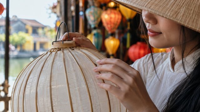 Woman in a conical hat adjusting traditional lanterns at sunset. Sunlight streams over an ancient town with a river. A vibrant scene reflecting Asian culture and travel