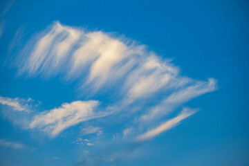 Wispy white cirrus clouds drift gracefully across a vibrant blue sky on a bright sunny afternoon in open nature. © 완수 안