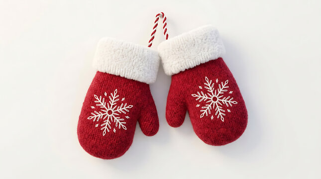 A pair of festive red knitted mittens adorned with white snowflakes, hanging by a red and white striped cord against a plain white background.
