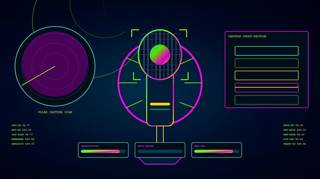 A digital audio console interface displays vibrant neon graphical data overlays showing pulsating waveforms and circular radar mapping grids within a dark virtual computer environment