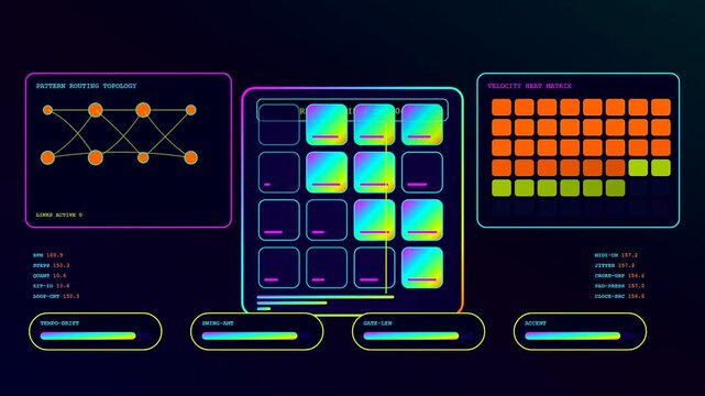 A digital audio console interface displays cycling rhythmic patterns with vibrant neon gradients and shifting geometric data visualizations on a dark screen during a live session