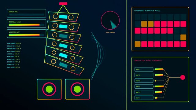 A digital audio console interface displaying live sound frequency levels and speaker array arrangement diagrams across three screens during active monitoring of complex music production processes