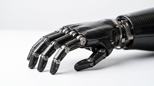 A detailed close up view of a carbon fiber prosthetic hand resting on white surface with high tech prosthetic fiber metal joints joints rests clean