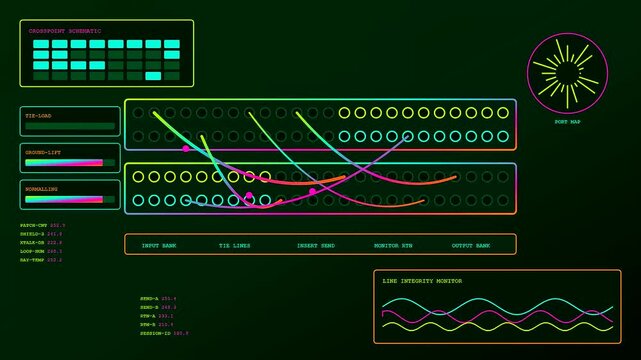 a complex audio console interface shows interconnected neon cables routing signals through digital control grids while glowing waveforms pulse rhythmically on the dark monitor display panels