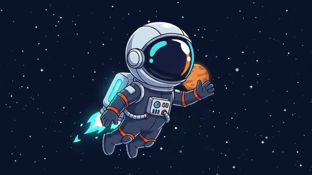 Little cartoon astronauts flying through deep space with jetpacks