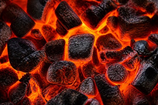 Glowing charcoal briquettes burning in hot ember bed grill