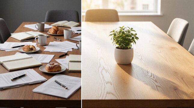 Messy meeting table with papers, coffee and pastries contrasts with a clean minimalist conference room. Side by side comparison shows office transformation and tidiness.