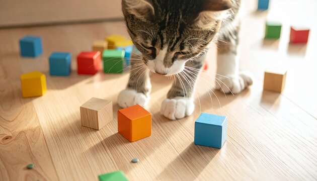 猫の足元と子どものおもちゃがあるナチュラルな室内