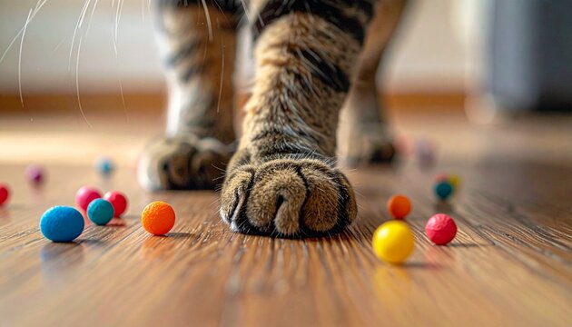 猫の足元と子どものおもちゃがあるナチュラルな室内