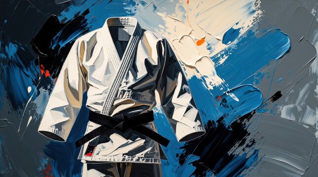 Modern abstract art illustration of white judo gi with black belt. Artistic paint strokes create dynamic motion, energy. Minimalist martial arts uniform design on colorful background for sports