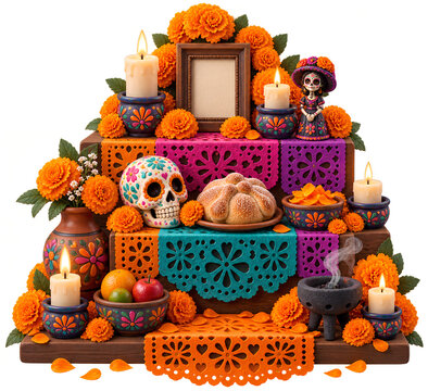 Representaci&oacute;n en modelado 3D de un altar u ofrenda multinivel tradicional de D&iacute;a de Muertos, decorado con coloridos papeles picados, flores de cempas&uacute;chil naranjas, velas encendidas, pan de muerto, u