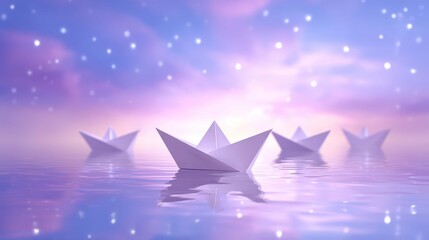 Obraz premium Paper boats floating on calm water with a dreamy, starry sky in the background. The scene evokes a sense of peace and imagination, with soft pastel colors filling the sky
