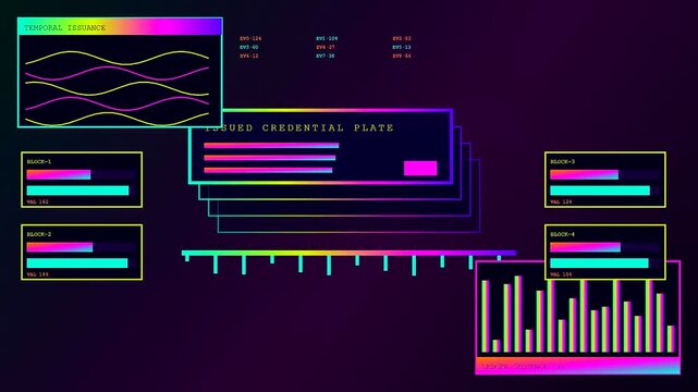 A digital diploma screen interface features glowing waveforms and bar graphs with data metrics flashing across this purple and black user experience visual display frame