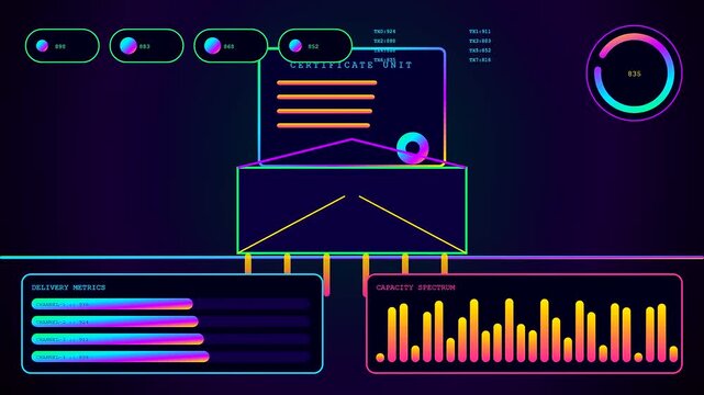 A digital diploma displayed within a vibrant neon interface featuring animated data metrics and scrolling certificate elements for modern online education verification systems on screens