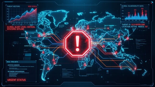 Cybersecurity world map with threat indicators and critical alert status displayed