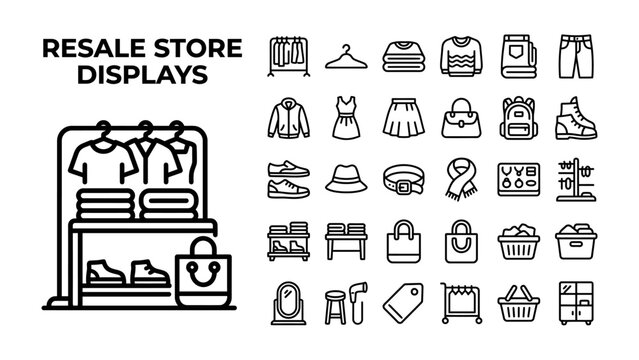 Resale Store Icons: A collection of modern line art icons illustrating various clothing items, accessories, and store fixtures, perfect for representing second-hand fashion and retail.