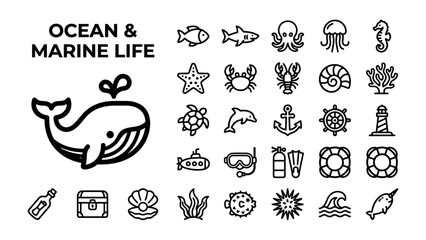 Ocean and Marine Life Icons Set: A collection of clean, modern line art icons representing various elements of ocean and marine life, from sea creatures to nautical symbols. © Sajid