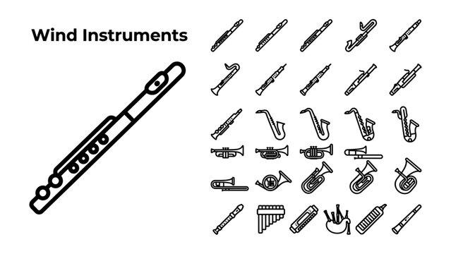 Collection of Wind Instruments: A comprehensive visual collection showcases various wind instruments, including a prominent flute, and a variety of iconic brass and woodwind instruments.