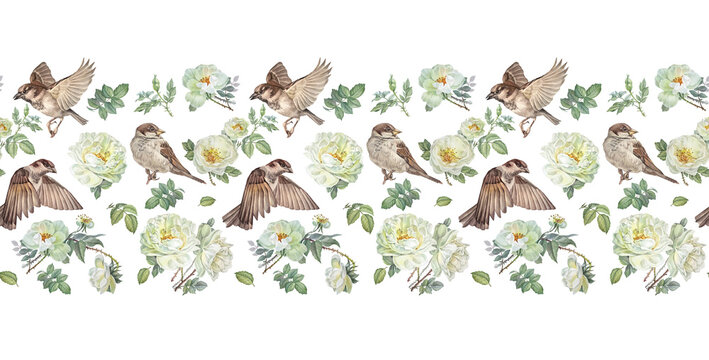 Watercolor seamless border with bird sparrow and flower dog rose on white background. Hand-drawn summer branch with green leaves and wild rose hip. Botanical rim for tea wallpaper and wrapping