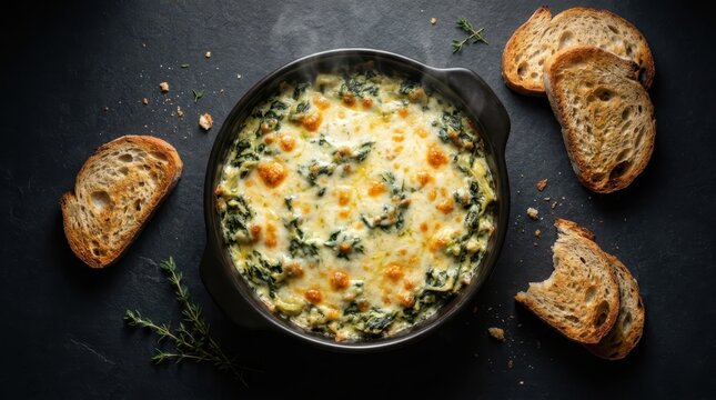 Baked spinach and artichoke dip with melted cheese in dark ceramic bowl