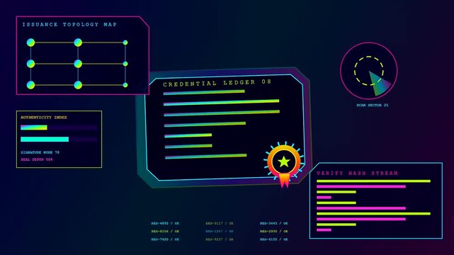 A digital diploma displayed within a vibrant neon user interface featuring complex data tracking nodes and glowing graphical ledger elements flickering in a simulated dark environment