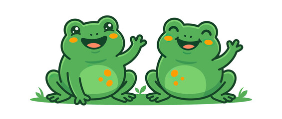 Obraz premium Cute cartoon frogs waving hello on transparent background