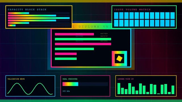 A digital diploma unit featuring shifting bars and data graphs displayed on a dark virtual interface screen with neon glowing elements in a continuous flow