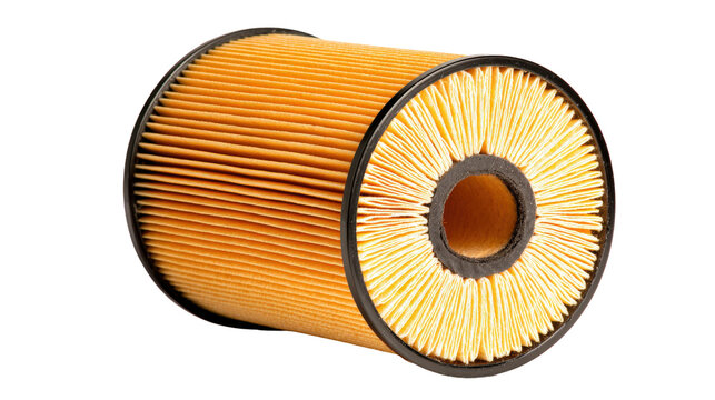 Car air filter cut open to show cross-section of pleats isolated on white