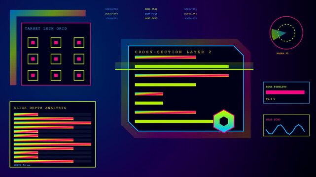 A digital diploma system interface displaying layered cross section scan graphs and data grid metrics for futuristic scientific research analysis within a dark blue computer screen