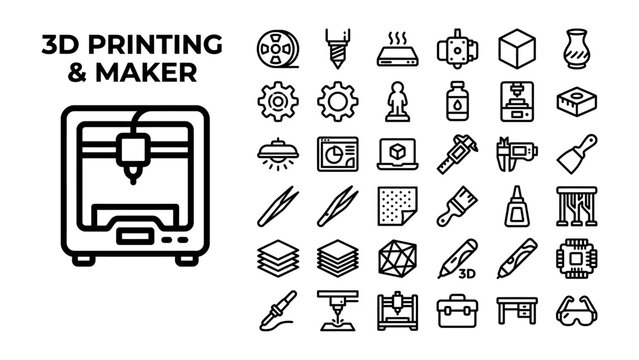 3D Printing and Maker Icons: A collection of linear icons representing 3D printing technology, tools, and creative maker culture, perfect for digital and print design projects.
