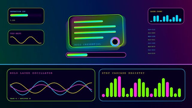 A vivid digital diploma glowing screen displays complex data visualizations with oscillating wave patterns and neon user interface elements for a futuristic holographic verification portal system