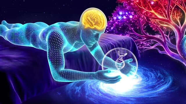 Glowing Wireframe Human Body with Glowing Brain and DNA Sphere in Cosmic Universe Background