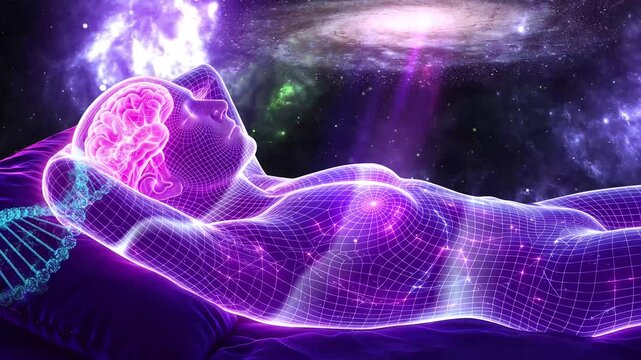 Wireframe Woman Relaxing with Glowing Brain, DNA Helix and Spiral Galaxy Cosmic Background