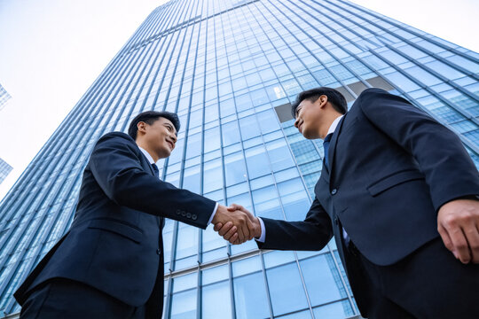 Two Businesspeople Shaking Hands Outside Office Building