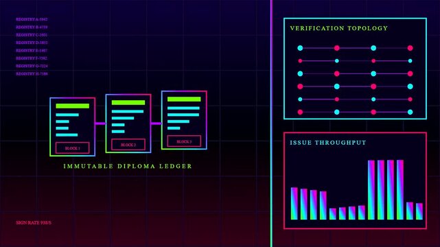 A digital diploma ledger showcases evolving verification topologies and rising issue throughput metrics displayed in a vibrant neon aesthetic that highlights the flow of academic records