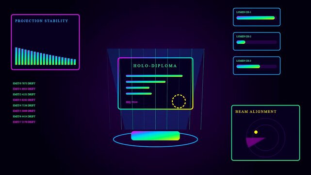 A digital diploma displayed within a floating holographic interface featuring neon status bars and circular radar alignment grids arranged across a dark purple illuminated studio space