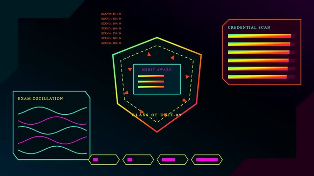 A digital diploma displayed within a vibrant neon user interface featuring data streams geometric shields glowing lines and fluctuating wave patterns in a dark computer simulation