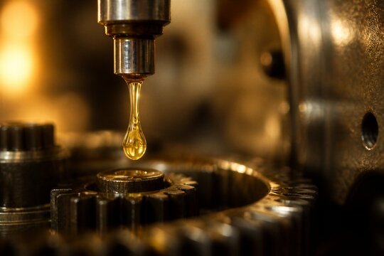 Oil drop lubricating gear teeth in metal machinery workshop