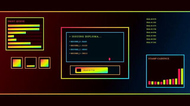 A digital diploma processing interface displays multiple automated print queues and loading bars with glowing colorful graphical user interface elements on a dark monitor screen environment