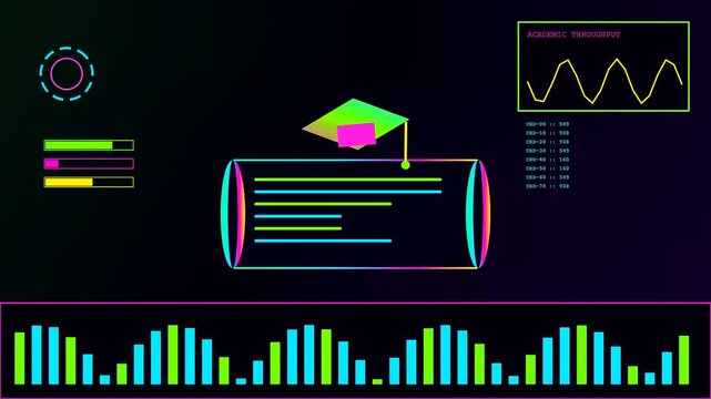 A digital diploma floats within a futuristic neon graphical display interface showing academic data metrics in a series of animated panels set against deep dark colors