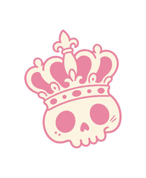 Pink Kawaii Skull Wearing Royal Crown Vector Illustration