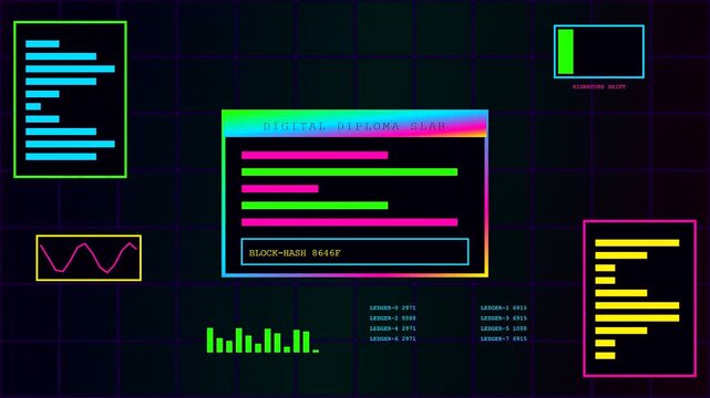 A digital diploma slab interface showing modular data structures on a dark grid panel display featuring neon cyan and magenta glow elements for modern software