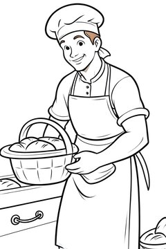 Coloring page of a smiling male baker wearing an apron and hat with baked bread in a basket