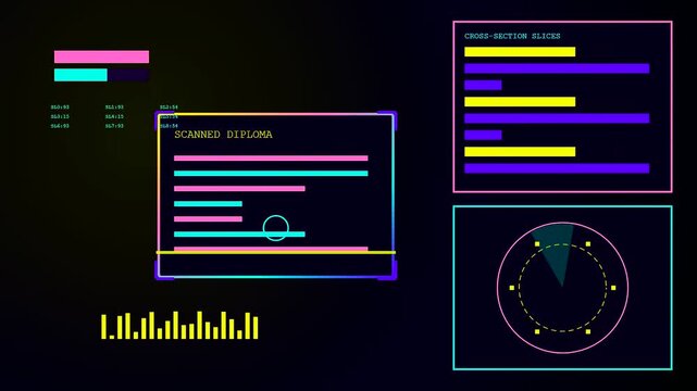 A digital diploma document interface floats within a cinematic heads up display panel showcasing cycling status bars and circular radar metrics for visual data analysis flows