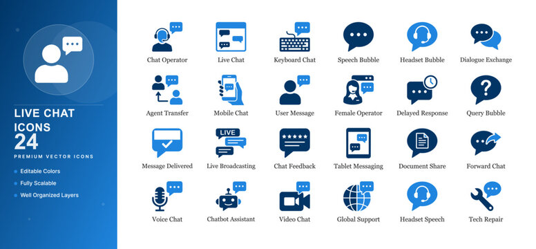 Live chat support icon set agent service help conversation message operator talk online assistance bubble dialogue realtime headset helpdesk contact customer consultation feedback vector isolated
