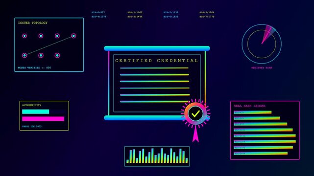 A digital diploma displayed within a vibrant neon interface featuring pulsing circular charts and scrolling bar graphs rendered in glowing shades of magenta and cyan light