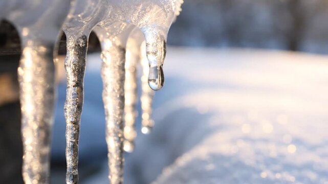 Close up shot of water droplets dripping from melting icicles during sunny winter day.